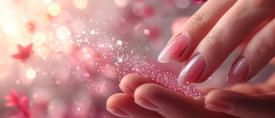 Poster -  A tight shot of a hand adorned with a pink manicure and glittery nail tips