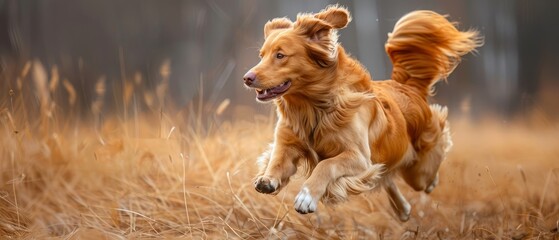 Canvas Print -  A brown dog runs through a field of dry grass, paws lifted