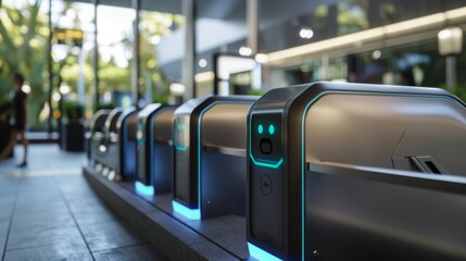 Aufkleber - A row of modern security gates with blue lights stand in a city setting. The gates are sleek and futuristic, with a focus on security and technology.