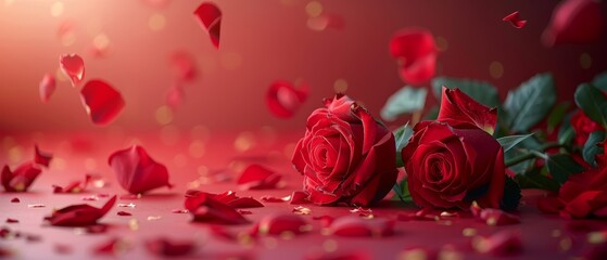 Poster -  A red rose bundle sits atop a table, beside confetti scattered on the floor