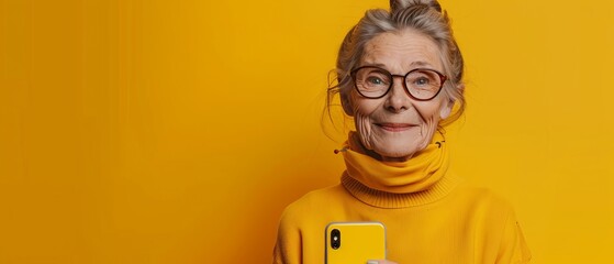  An old woman in a yellow sweater, gazes at the camera with surprise, holding a cell phone in her right hand
