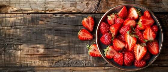  A bowl of strawberries on a wooden table Nearby, another identical bowl Both displaying luscious red fruit