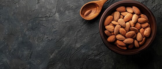 Wall Mural -  A bowl filled with almonds on a black stone surface A wooden spoon nearby