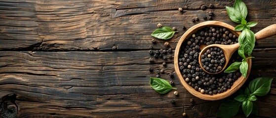 Sticker -  A wooden spoon holds black beans, while another rests atop a wooden table, its handle adorned with green foliage