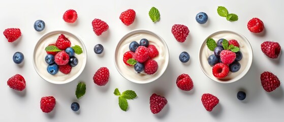 Poster - one with yogurt, another filled with raspberries, and the third holding blueberries, arranged on a pristine white surface