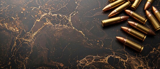 Wall Mural -  A tight shot of bullets scattered on a table, some overlapping others