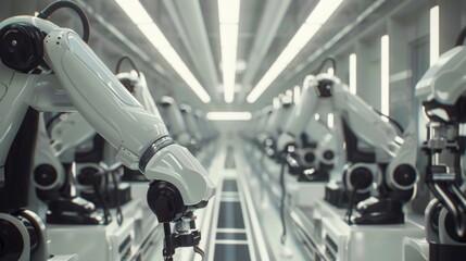 Aufkleber - A row of industrial robotic arms work in a factory setting. The robots are white and silver with black accents and are positioned on an assembly line.