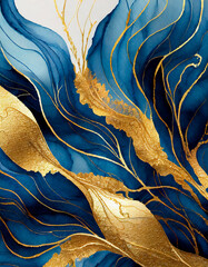 Sticker - Luxury background with blue and gold ink waves and glitter