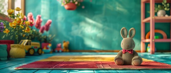 Sticker -  A toy rabbit sits on a rug, before a room teeming with toys and flowers on the floor, against a backdrop of a green wall