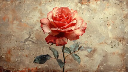 Wall Mural -   A painting of a red rose with water droplets on its petals and a green leaf on the stem