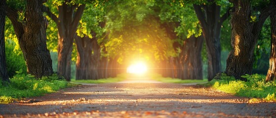 Wall Mural -  A dirt road bordered by trees; sun shines through trees on both sides