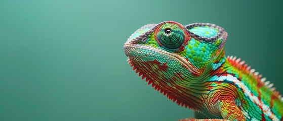 Wall Mural -  A tight shot of a vibrant chameleon against a green and blue backdrop, with a hazy depiction of its back
