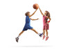 © Ljupco Smokovski - Full length profile shot of a boy and girl jumping with basketball
