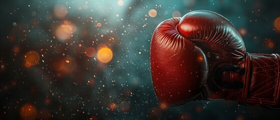 Wall Mural -  A tight shot of two red boxing gloves against a black backdrop, soft-focused light edges around them