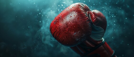 Canvas Print -  Red boxing glove, close-up, against dark blue background Dots of water scatter image