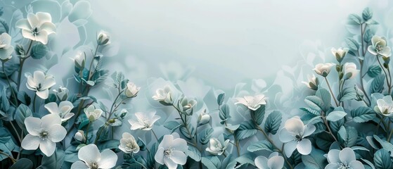Sticker -  A painting of white flowers and green leaves against a light blue backdrop with an allocated space for text or insertion of an image