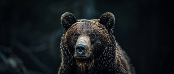 Wall Mural -  A tight shot of a brown bear's face, trees softly blurred behind, with an interplay of sunlight filtering through