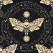 © paseven - vector seamless pattern with  death's head butterfly on the background of the zodiac circle with sun and moon, ancient runes and magic symbols