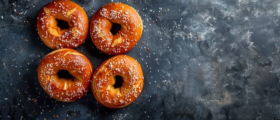 Wall Mural -  A black-clad table is dotted with bagels, their surfaces speckled with sesame seeds and generously dusted with sprinkles