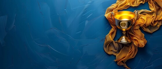 Wall Mural -  A gold cup against a blue backdrop Yellow scarf draped from its side Blue wall in the background