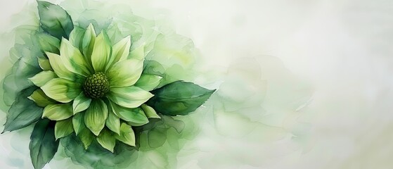 Wall Mural -  A painting of a large green flower Its center is occupied by lush leaves, and at its heart lies a vibrant green bloom