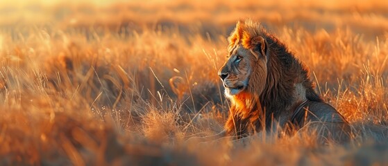 Wall Mural -  A tight shot of a lion reclining in a tall grass field, its head tilted to the side