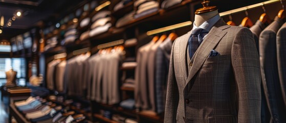 Wall Mural -  Mannequin wearing a suit in front of racked suits in clothing store