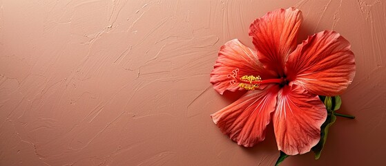 Poster -  A red flower atop a pink wall Nearby, a green leafy plant against the wall side