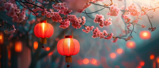 Sticker -  A tree adorned with red lanterns is positioned before a backdrop of pink blossoms, the flowers coming to the forefront with distinct clarity while the rest of the scene gently