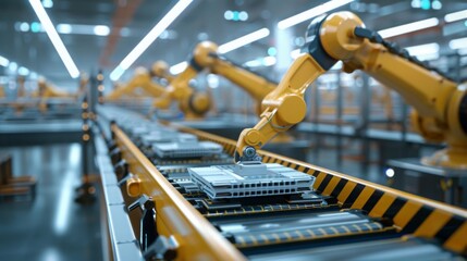 Aufkleber - A robotic arm in a factory setting is assembling parts on a conveyor belt. The arm is yellow and has several joints, making it able to move in many directions.
