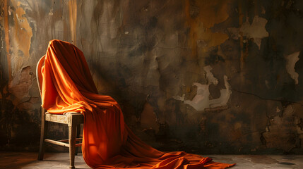 Wall Mural - A chair is draped in an orange blanket and is sitting in front of a wall