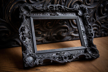 Poster - Black vintage ornate frame in classic style. Dark gothic royal frame in the room.