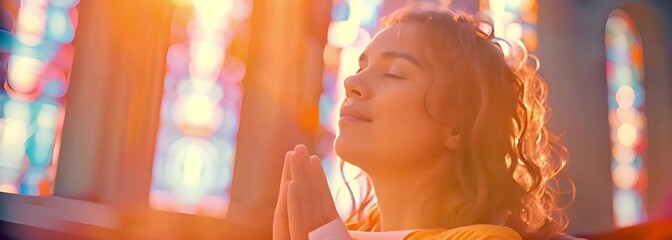 Wall Mural - In church, a young woman is praying to God. Belief in God and in religion