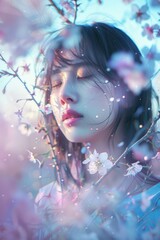 Sticker - Asian girl in a dreamscape with pastel-colored skies and floating flowers.