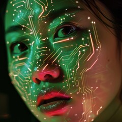 Wall Mural - Asian girl with a circuit board overlay, representing technological integration.