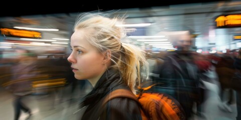 Wall Mural - A young woman with blonde hair and a brown jacket walks through a busy train station. AI.