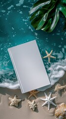 Mockup of a blank cover white book with a beach summer vacation background