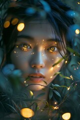 Poster - Asian girl with glowing eyes and magical powers in a mystical forest.