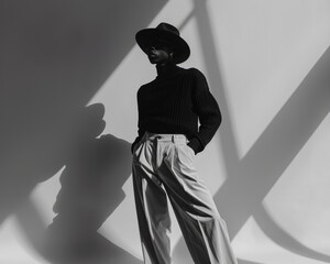 Poster - Stylish man wearing a hat and sunglasses posing against a white background. AI.