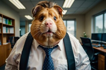 Poster - A hamster wearing a shirt and tie is sitting in an office. AI.