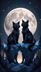 Two Black Cats in a Low Poly Style Under the Moon