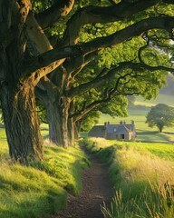 Poster - A tree-lined path leads to a stone cottage in the countryside. AI.