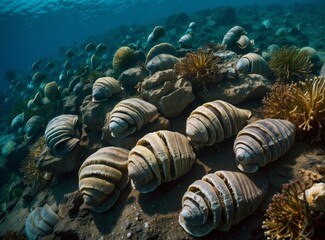 Poster - A group of strange underwater creatures resembling snails. AI.