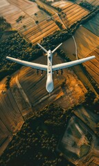 Wall Mural - A military drone flies over a rural landscape. AI.