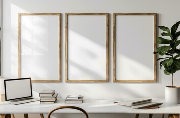 Canvas Print - Workspace with laptop, books, plant, and frames. AI.