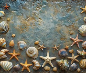 Canvas Print - A variety of seashells and starfish on a blue textured background. AI.