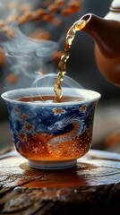 Wall Mural - Pouring tea from teapot into cup on wooden table, closeup