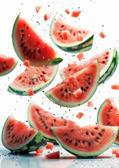 Wall Mural - Slices of fresh juicy watermelon falling on white background