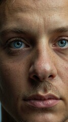 Sticker - Close-up portrait of a young man with blue eyes and freckles. AI.