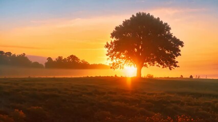 Poster - The sun rises over a field, casting golden light on a tree in the background, Embracing the warmth and radiance of a golden sunrise